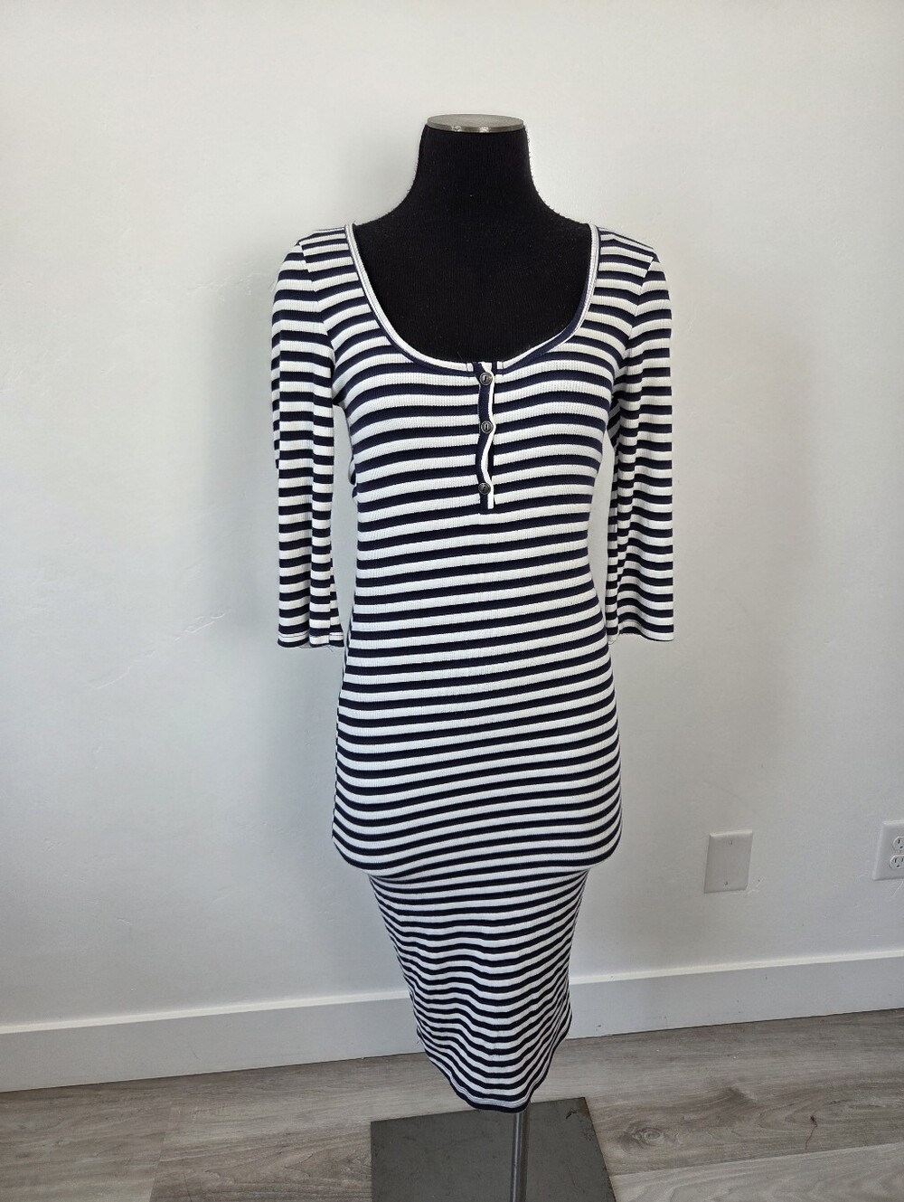 Heart & Hips Navy White Striped Bodycon Midi Dress Ribbed Soft Stretchy Henley M